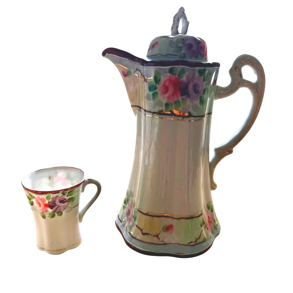 Vintage Hand Painted Porcelain Coffee Pot Floral Gold Japan Tea Chocolate‎ Pot